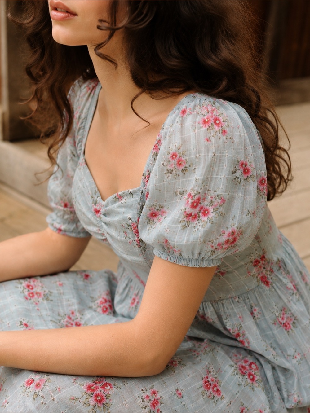 As U Wish Pastel Green Pink Floral Cotton Puff Sleeve Cottagecore Prairie Dress